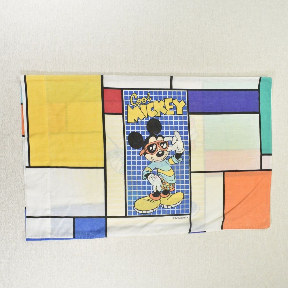 Vintage 90s Disney Cool Mickey Mouse Pillowcase Mondrian Colorblock 2 Sided